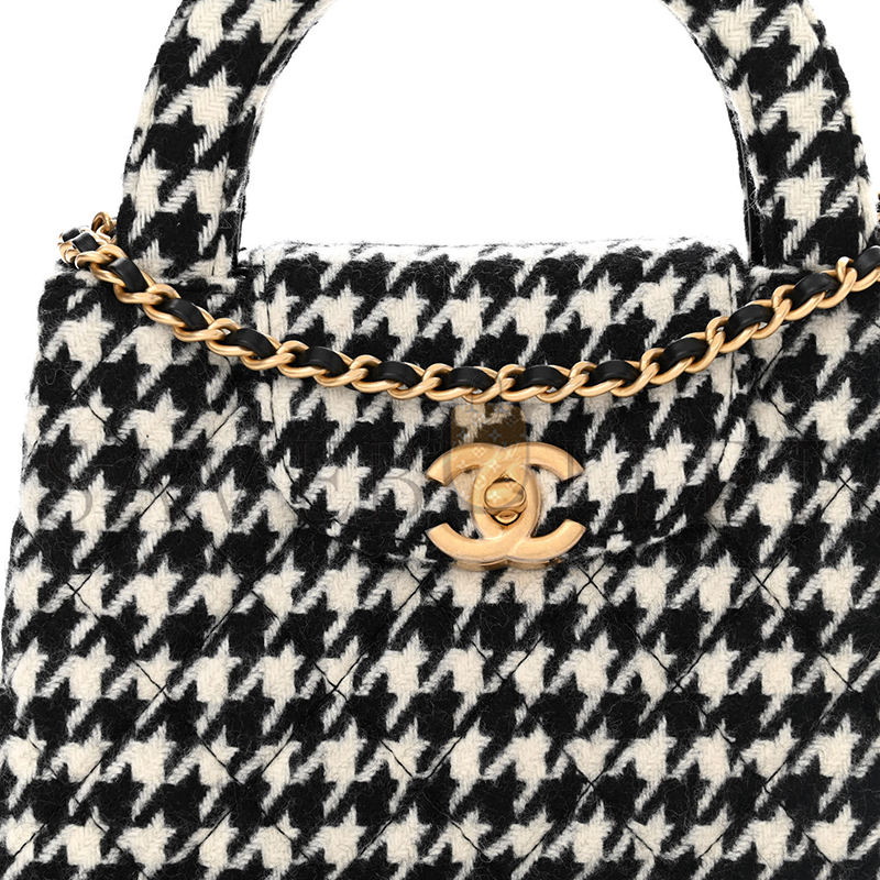CHANEL TWEED HOUNDSTOOTH QUILTED NANO KELLY SHOPPER BLACK WHITE AS4416 (19*13*7cm)